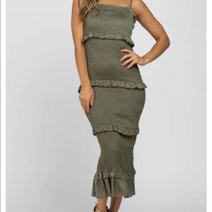 Fitted olive satin midi dress